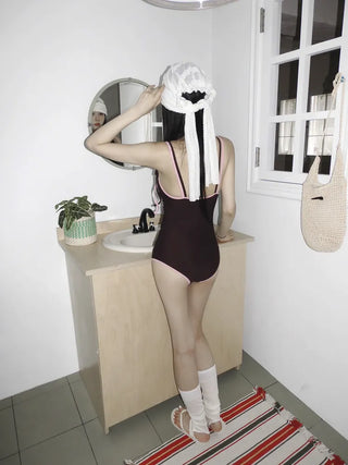 Color-Blocked Strap Ribbon Pink Brown Shirred Monokini Swimsuit