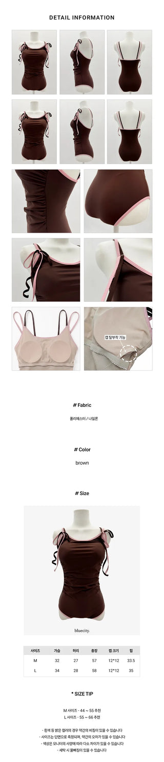 Color-Blocked Strap Ribbon Pink Brown Shirred Monokini Swimsuit