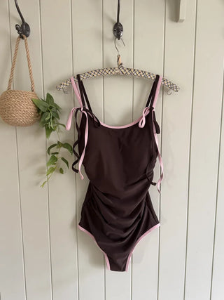 Color-Blocked Strap Ribbon Pink Brown Shirred Monokini Swimsuit