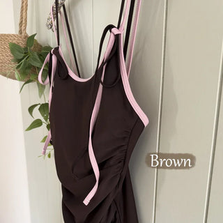 Color-Blocked Strap Ribbon Pink Brown Shirred Monokini Swimsuit