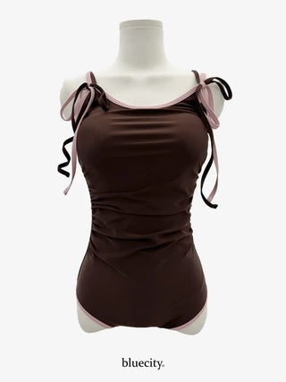 Color-Blocked Strap Ribbon Pink Brown Shirred Monokini Swimsuit