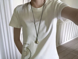 Silver Charm Bold Drop Pendant Long String Necklace