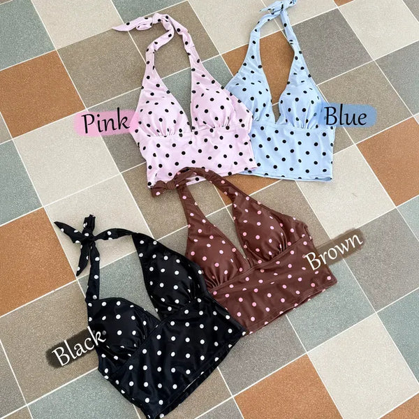 Thinning Dot Halterneck Sleeveless Top & Skirt Piece Swimsuit Set Bikini