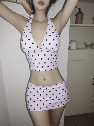 Thinning Dot Halterneck Sleeveless Top & Skirt Piece Swimsuit Set Bikini