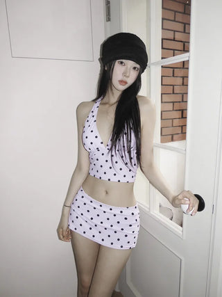Thinning Dot Halterneck Sleeveless Top & Skirt Piece Swimsuit Set Bikini