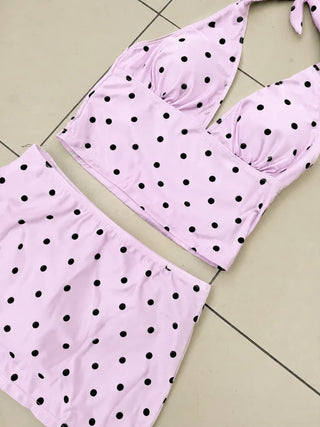 Thinning Dot Halterneck Sleeveless Top & Skirt Piece Swimsuit Set Bikini