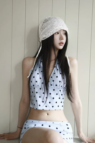 Thinning Dot Halterneck Sleeveless Top & Skirt Piece Swimsuit Set Bikini