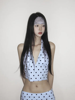 Thinning Dot Halterneck Sleeveless Top & Skirt Piece Swimsuit Set Bikini
