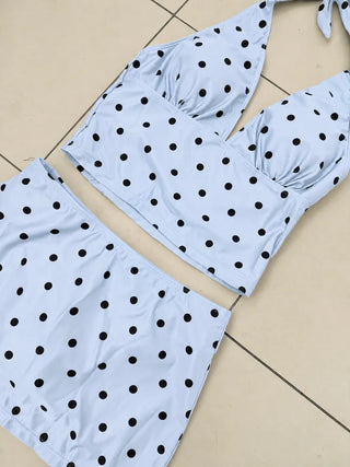 Thinning Dot Halterneck Sleeveless Top & Skirt Piece Swimsuit Set Bikini