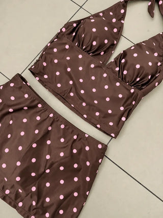 Thinning Dot Halterneck Sleeveless Top & Skirt Piece Swimsuit Set Bikini