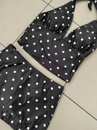 Thinning Dot Halterneck Sleeveless Top & Skirt Piece Swimsuit Set Bikini