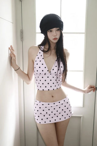 Thinning Dot Halterneck Sleeveless Top & Skirt Piece Swimsuit Set Bikini