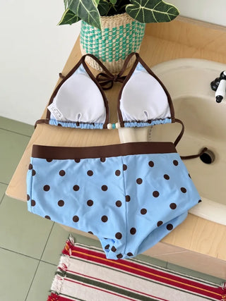 Pop Dot Bead Color Halter Top Shorts Swimsuit Set Bikini