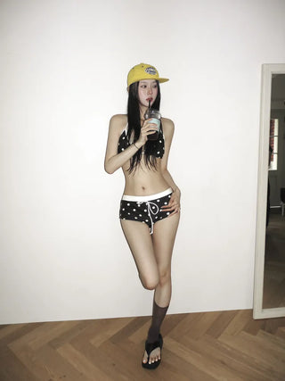 Pop Dot Bead Color Halter Top Shorts Swimsuit Set Bikini
