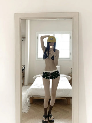 Pop Dot Bead Color Halter Top Shorts Swimsuit Set Bikini