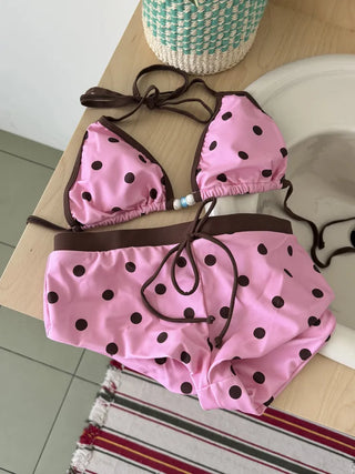 Pop Dot Bead Color Halter Top Shorts Swimsuit Set Bikini