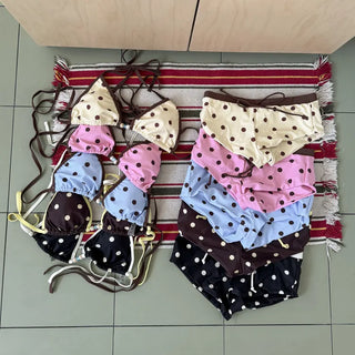 Pop Dot Bead Color Halter Top Shorts Swimsuit Set Bikini