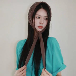 Karin Flower Beads Glitter Sequin See-through Triangle Headscarf