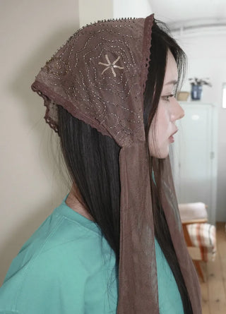 Karin Flower Beads Glitter Sequin See-through Triangle Headscarf