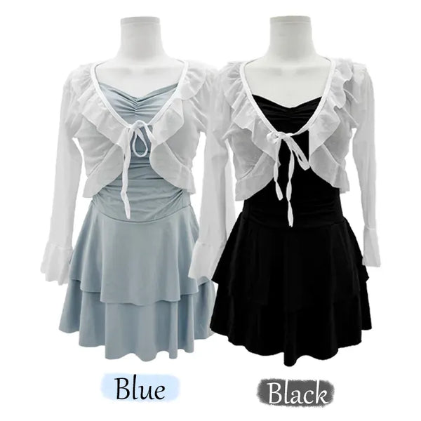 Frill Bolero Cardigan Cover-up Shirred Dress Set Swimsuit