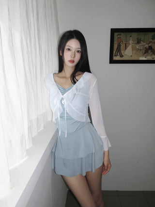 Frill Bolero Cardigan Cover-up Shirred Dress Set Swimsuit