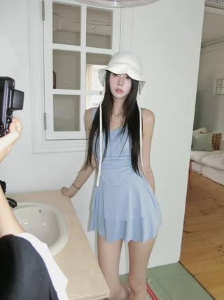 Frill Bolero Cardigan Cover-up Shirred Dress Set Swimsuit
