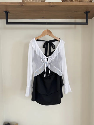 Frill Bolero Cardigan Cover-up Shirred Dress Set Swimsuit