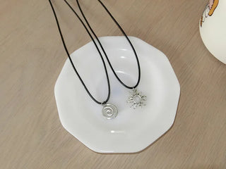 Black String Spiral Sun Maki Sun Silver Pendant Necklace 2 Types