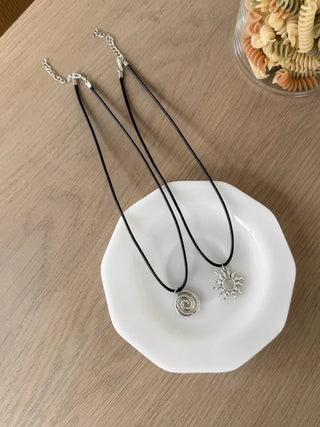 Black String Spiral Sun Maki Sun Silver Pendant Necklace 2 Types