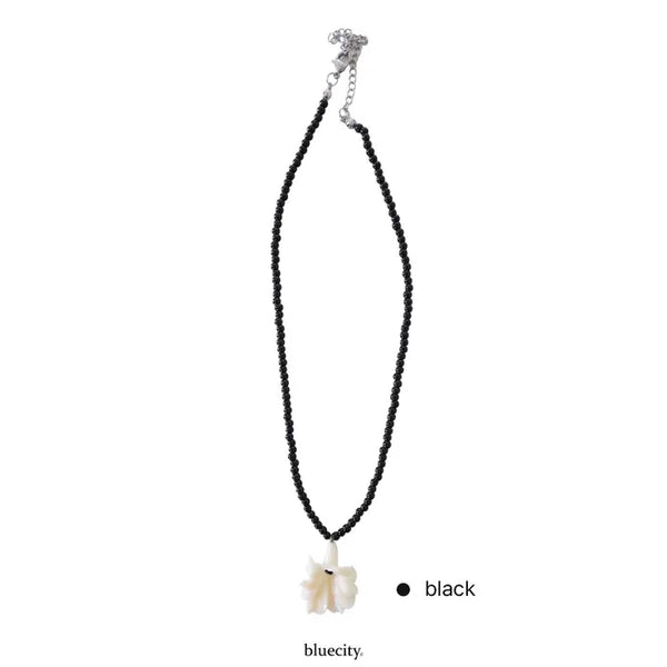Ruffle Flower Pendant Black Bead Necklace