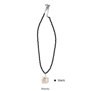 Ruffle Flower Pendant Black Bead Necklace