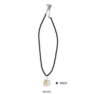 Ruffle Flower Pendant Black Bead Necklace