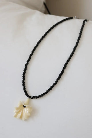 Ruffle Flower Pendant Black Bead Necklace