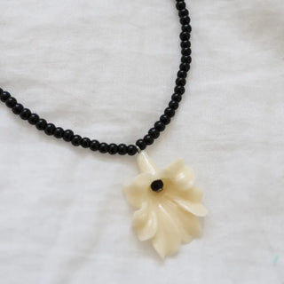 Ruffle Flower Pendant Black Bead Necklace