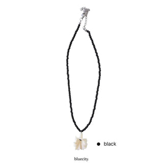Ruffle Flower Pendant Black Bead Necklace