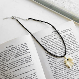 Ruffle Flower Pendant Black Bead Necklace
