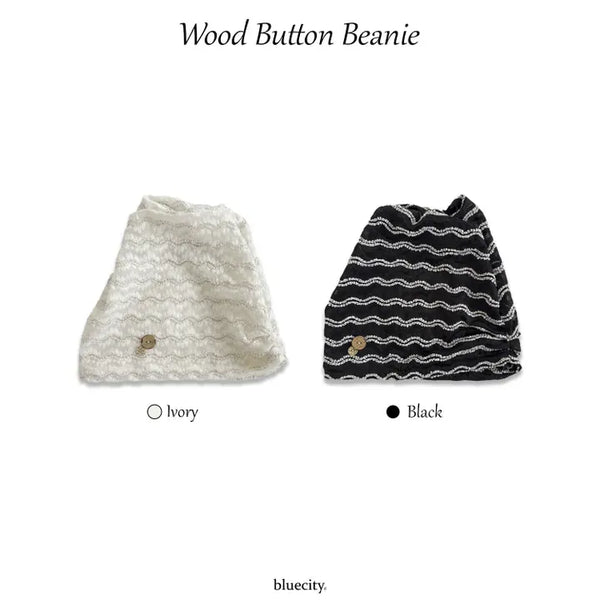 Wood Button Lace See-through Mesh Frill Button Beanie Hat