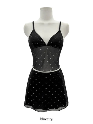 Sparkle Dot See-through Bustier Top Skirt Bikini Swimsuit