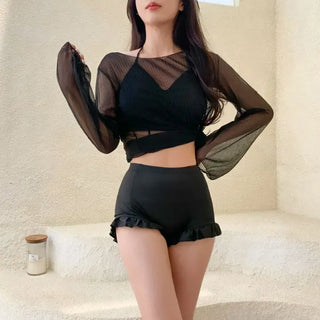 Cover-up Shirred Frill See-through High-Waisted Bikini Set Swimsuit