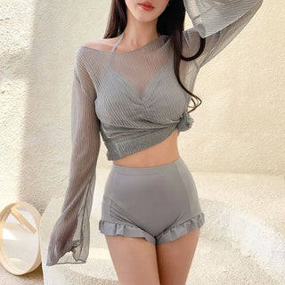 Cover-up Shirred Frill See-through High-Waisted Bikini Set Swimsuit