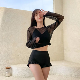 Cover-up Shirred Frill See-through High-Waisted Bikini Set Swimsuit