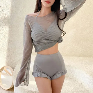 Cover-up Shirred Frill See-through High-Waisted Bikini Set Swimsuit