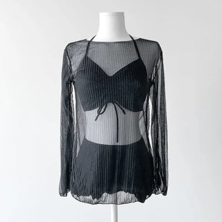 Cover-up Shirred Frill See-through High-Waisted Bikini Set Swimsuit