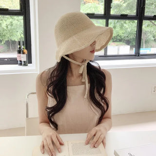 Spring Summer Knit Wide-Brim Bucket Hat Bonnet