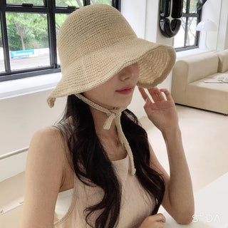Spring Summer Knit Wide-Brim Bucket Hat Bonnet