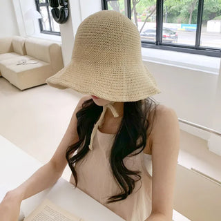 Spring Summer Knit Wide-Brim Bucket Hat Bonnet