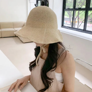 Spring Summer Knit Wide-Brim Bucket Hat Bonnet