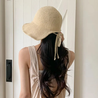 Spring Summer Knit Wide-Brim Bucket Hat Bonnet