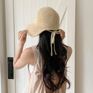 Spring Summer Knit Wide-Brim Bucket Hat Bonnet