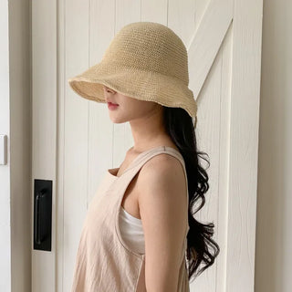 Spring Summer Knit Wide-Brim Bucket Hat Bonnet